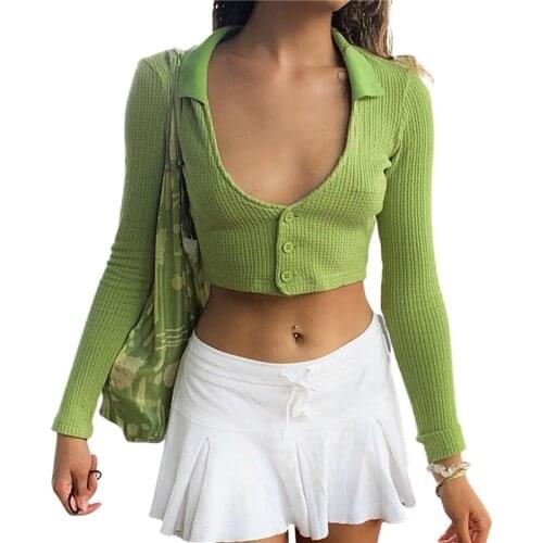 Womens Button Down Lapel Low Cut T-shirt Sexy Long Sleeve Solid Color Slim Fit Crop Tops Autumn Casual Base Shirt