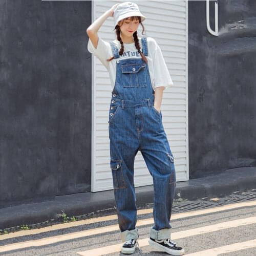 High waist Multi-pocket Denim Bib Female Port Wind Loose Straight Jumpsuit Slimming Overalls trousers More Size S-4XL 5XL