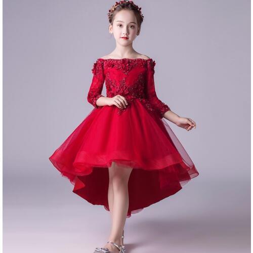 Pageant Girl Dress Off Shoulder Appliques Hi-Lo Flower Girl Party Gown Princess Wedding Ball Gown First Communion Dresses