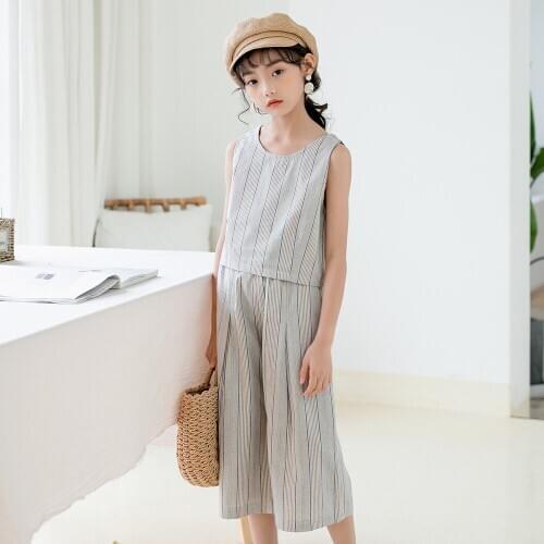 Backless Stripes Vest Girls Clothing Sets New 2020 Summer Kids 2 Pcs Sleeveless T Shirts Tops & Loose Calf Length Trousers Suits