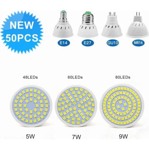 10-50PCS LED Lamp E27 E14 Spotlight Bulb 48 60 80leds lampara 220V GU10 bombillas led MR16 gu5.3 Lampada Spot light B22 5W 7W 9