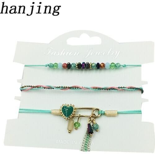 3 pcs / set 2019 femme friendship charm woven unique bohemian flower rhinestone safepin crystal bead bracelets set for women