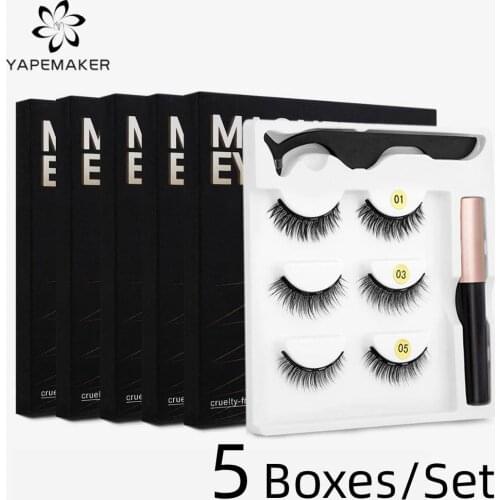 Wholesale 5 Boxes/Set Magnetic Eyelashes 3D Mink Natural False Eyelashes Waterproof Magnetic Eyeliner Tweezers Set Makeup Tools