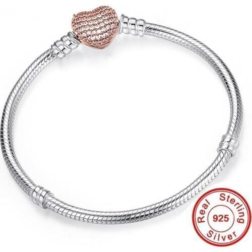 Romantic Original Silver Heart-Shaped Snake Chain Charm Bracelet For Women Brand Bracelet&Bangle DIY Jewelry Making Gift
