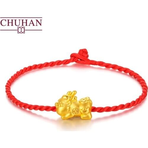 CHUHAN 24k gold Brave troops bracelet accessories Ancient Chinese mythological creatures 999 pure gold garnet hand-knitted rope