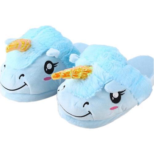 House Slippers Shoes Funny Blue Winter Unicorn Cotton Drag Warm Anime Plush Home Furnishing Cotton Slippers