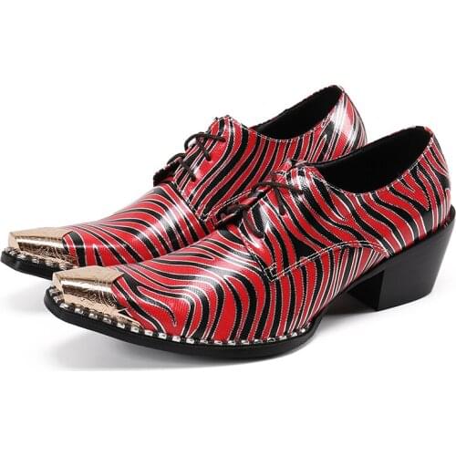 Italian Mens Shoes High Heels Red Striped Genuine Leather Oxford for men Steel Gold Poited Toe Wedding Formal Office Luxury Shoe