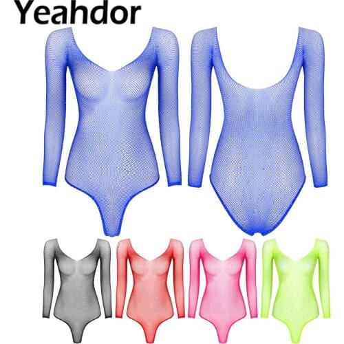 Women One-Piece Rhinestone See-through Mesh Lingerie Bodysuit Shiny Scoop Neck Long Sleeve Fishnet Leotard Jumpsuit Clubwear