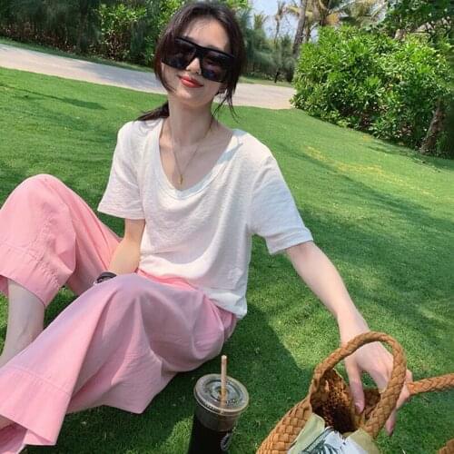 Summer Two Piece Set Women O-Neck Short Sleeve Tops + High Waist Wide Leg Pants Female Suit New 2021 Street Style aq835