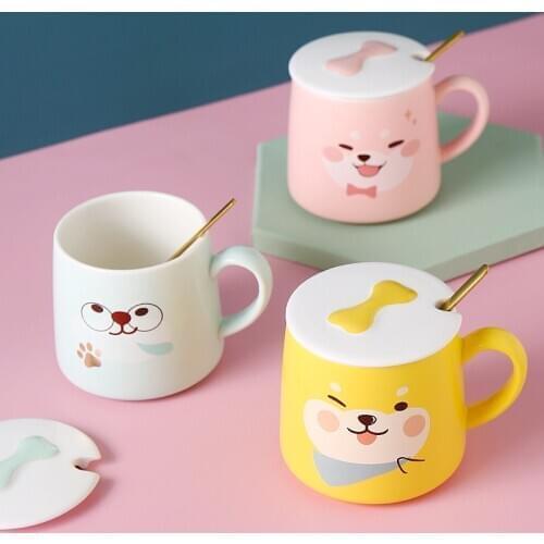 Cartoon Ceramic Coffee Mug with Spoon Cute Personalised Esspresso Cup Pet Modern Nordic Creative Milk Mug Tazas Girl Gift DA60M