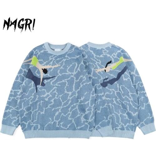 Men Autumn Vintage Swimming Pool Print Knitted Sweater O-neck Pullover Knitwear Top Thick Warm Loose Long Sleeve Jumpers