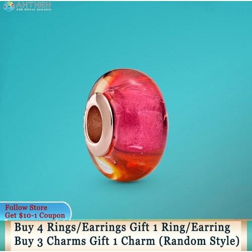 Ahthen 925 Sterling Silver Beads Glittering Sunset Murano Glass Charm fit Original Pandora Bracelets for Women Jewelry Making