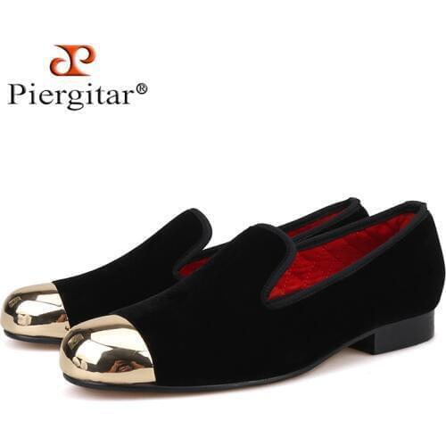 PIERGITAR 2020 Handmade Men velvet Shoes New Metal toe Black colors smoking slipper male prom and banquet loafers