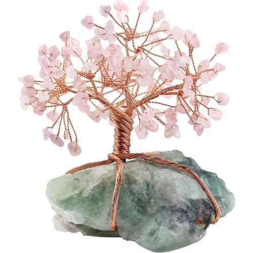 Natural Raw Fluorite Base Copper Wire Wrapped Rose Quartz Chips Stone Money Tree Bonsai Lucky Feng Shui Figurine Ornament