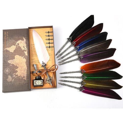 Luxury Fountain Pen Set Colorful Vintage Feather Pen Classic Quill Dip Pens Pen Writing For Student Calligraphy Gift Box In H4H8