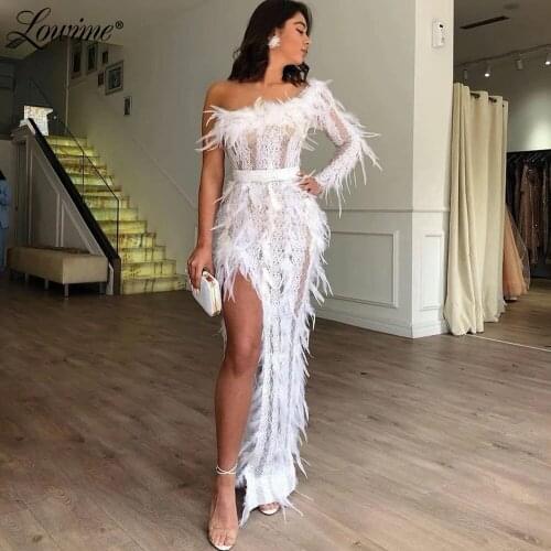 Feathers One Shoulder Party Dresses Ivory High Split Side Lace Prom Dress Plus Size 2021 Customized Sexy Arabic Evening Gowns