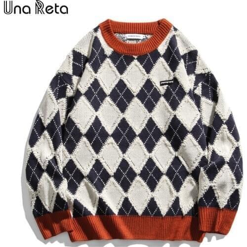 Una Reta Vintage Sweater Men New Harajuku Winter Mens Clothing Knitted Sweater Pullover Argyle Oversized Sweater