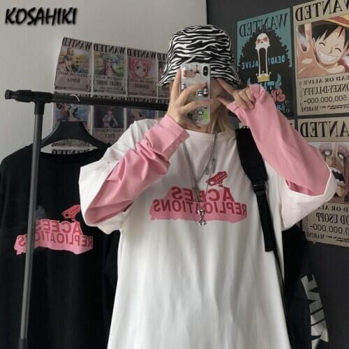 KOSAHIKI 2021 Casual Patchwork Letter Print T Shirt Japanese Cute O Neck Fake Two Piece Women Tops Harajuku Long Sleeve Tshirt