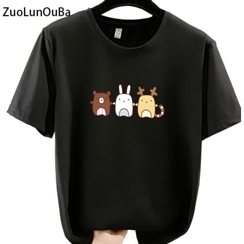 ZuoLunOuBa New Print Cartoon Cute Little Bear Woman T Shirt Short Sleeve Loose Student Lady Tees Casual Summer Black Tops Female