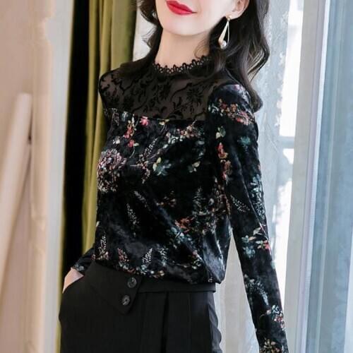 2020 Spring Fall Casual Women Stand Collar Lace Patwhork Floral Pattern Velour T Shirt , Womans Korean 3xl Velvet Tshirts
