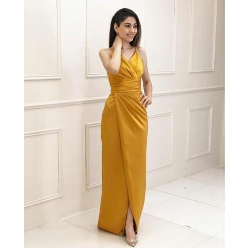 Elegant Long V-Neck Mermaid Evening Dresses with Slit Pleated Zipper Back Satin Gold Abendkleid Robes de Soirée for Women