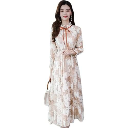 Apricot lace dress women 2020 spring summer new bow collar flare long sleeve temperament slim noble print dresses feminina LR769