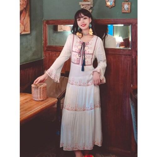 Summer New Style Retro Ancient Ways Korean Ins Womens Dress Ethnic Wind Heavy Embroidery Tassel Trumpet Sleeve Long Dress