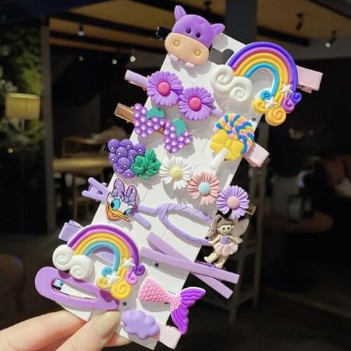 14 Pcs Fruit Cow Butterfly Hair Clips Purple Cartoon Sweet Cute Hairpin Girl Rainbow Flowers Cloud Hair Dress Hair Accessories