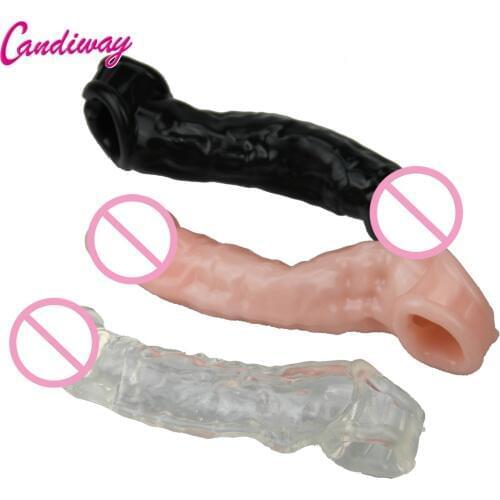 Candiway Huge Double Hole Reusable Realistic Crystal Penis Condom Bold Textured Extension Sleeve Adult Sex Delay Toys For Men