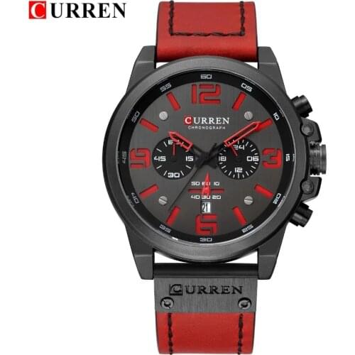 Reloj Hombre Casual Quartz Watches For Men CURREN Fashion Red Leather Sports Men Wristwatch Chronograph Male Watch