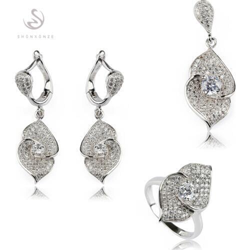 Eulonvan Luxury Cute fashion jewelry sets womens accessories (ring/earring/pendant) White Cubic Zirconia Rhodium Plated R3149set