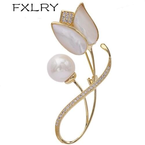 FXLRY Personality AAA Zircon Tulip Brooch For Women Fashion Natural Shell Brooch Suit Coat Accessories