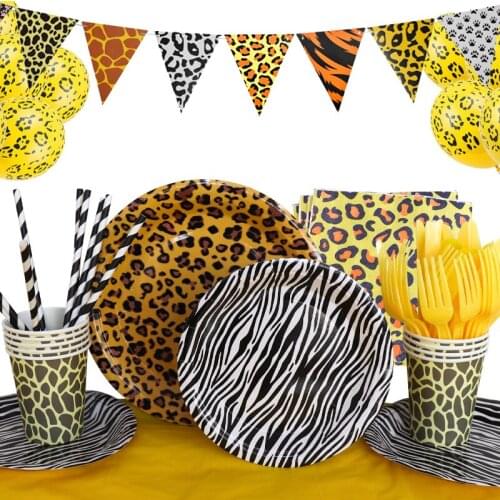 Leopard Print Theme Birthday Party Decorations Woman Man Favorite Stripe Disposable Tableware Banners Cups Plates Napkins Supply