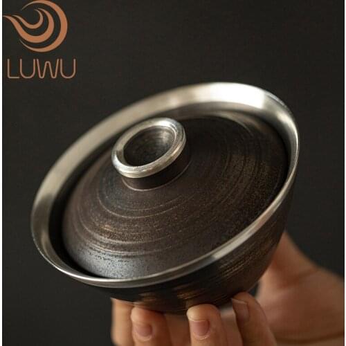 LUWU ceramic gaiwan with saucer silver edge chinese kung fu tea set 150ml
