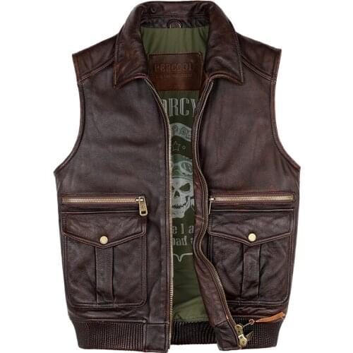 Motorcycle Biker Real Leather Vest Mens Genuine Leather Sleeveless Jackets 100% Cowhide Waistcoat With Zipper Big pockets
