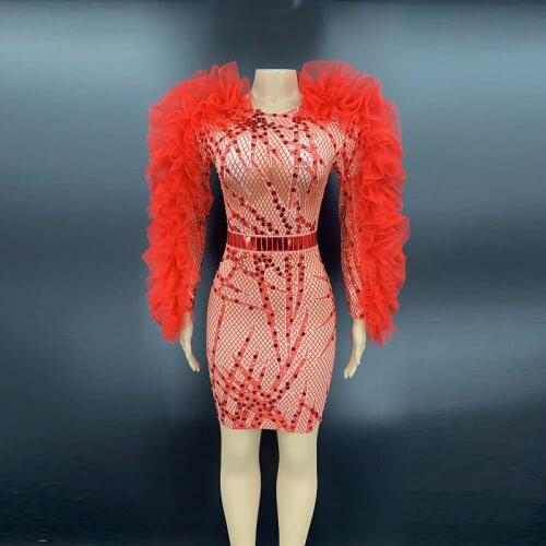 New Red Lace Sleeve Rhinestone Sequined Short Dress Women Birthday Prom Party Outfit Long Sleeve Singer Dancer Show Costume