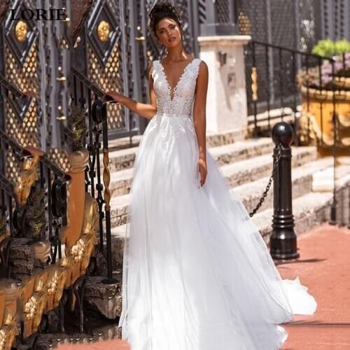 LORIE 2021 Charming Lace Wedding Dresses Appliqued Beach Bride Gowns V-Neck Sleeveless A-line Puff Tulle Country Party Dresses