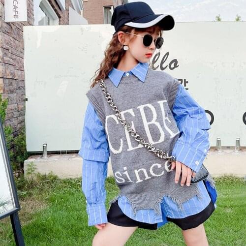 Autumn Children Girls Clothing Ripped Tassel Knitted Vest English Letters Waistcoat Striped Shirts Hip Hop Kids 2pcs Sets Tops