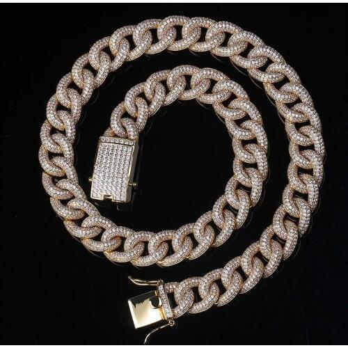 15MM Full Iced Out CZ Curb Cuban Link Chain Necklace Mens Gold/Sliver Color Hip Hop Jewelry Copper Material For Gifts 18" 22"