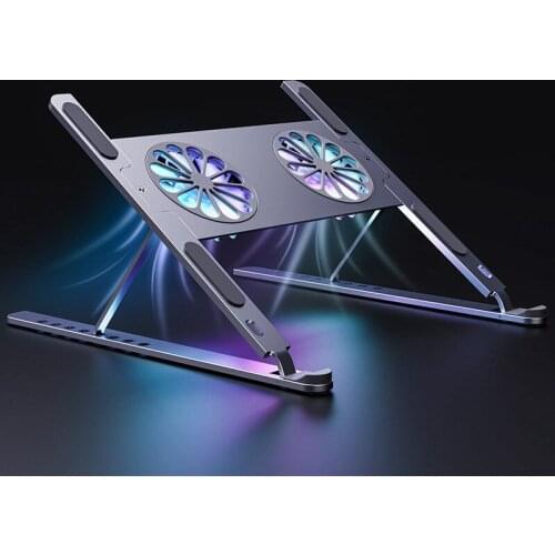 8 Heights Adjustable Aluminum Laptop Stand with 2Pcs Cooling Fan Folable and Removable Lapdesk Desktop Hands Free Tablets Holder