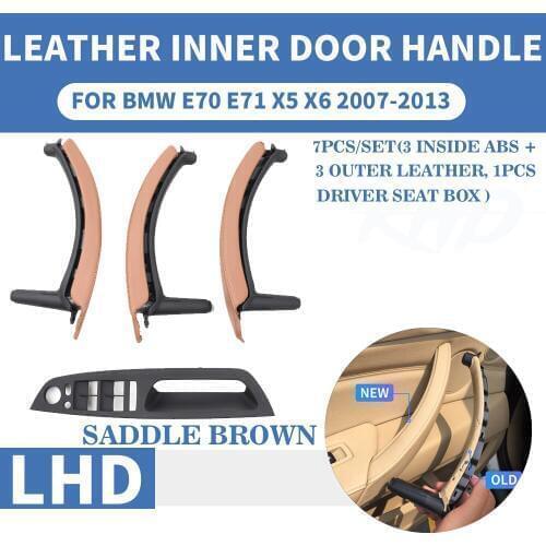 Saddle Brown Genuine Leather Car Front Rear / Left Right Interior Door Handle Inner Pull Trim Cover For BMW E70 E71 X5 X6 07-13
