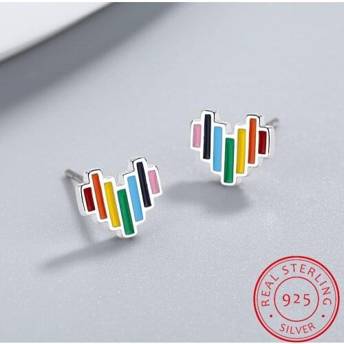 LEKANI Enamel Rainbow Heart Stud Earrings for Girls Lady Women Minimalist Silver Prevent Allergy Jewelry Brinco New SCE787