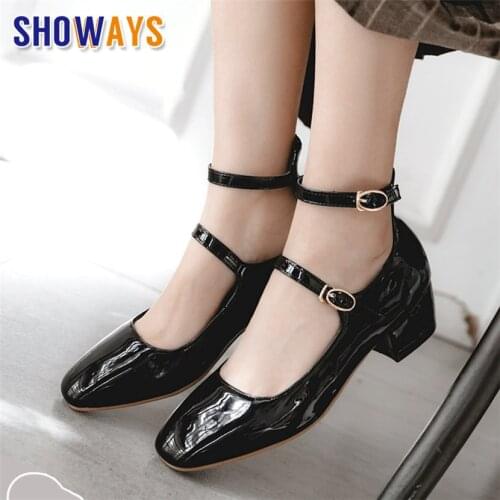Big Size Sweet Mary Janes Med Block Heels Black Red Patent Leather Casual Party Office Lady Square Toe Lolita Ankle Strap Pumps