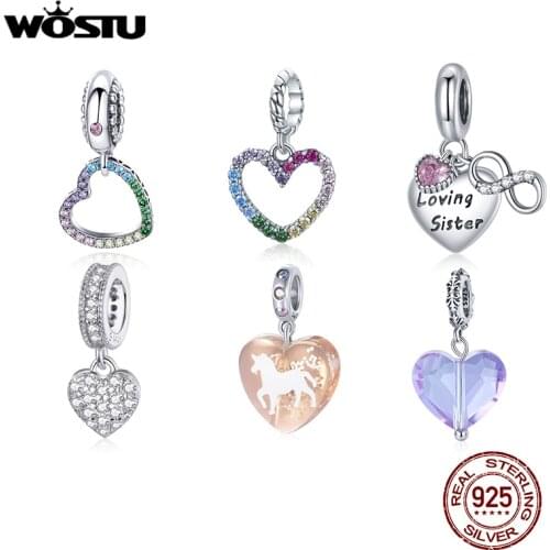 WOSTU 925 Sterling Silver Dangle Heart Series Charm Zircon Love Heart Bead Silver Pendant Fit Original Bracelet DIY Jewelry