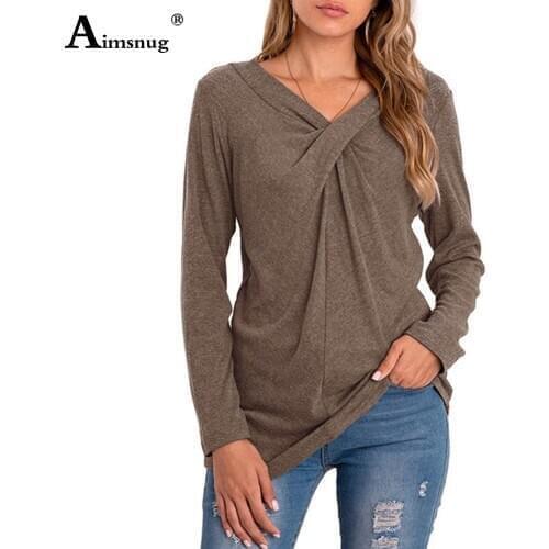 201 Spring Autumn Women Long Sleeve T-shirt Casual Loose Shirt Ladies Basic Top Irregular Collar Khaki Gray Tees Shirt Femme 2XL