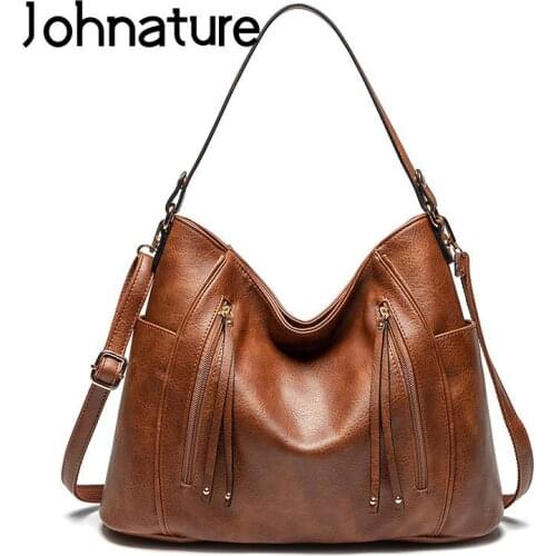 Johnature Fashion Soft Leather Women Bag 2021 New Luxury Handbag Leisure Large Capacity Versatile Shoulder & Crossbody Bags