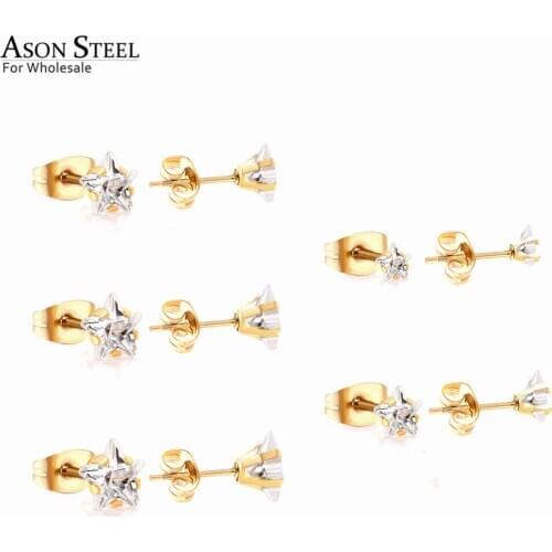 ASONSTEEL Trendy 5Pairs/lot Size 3mm-7mm Star Cubic Zirconia Earrings Stainless Steel Anti-allergy Earring for Women Jewelry