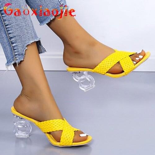 Gaoxiaojie 2021 Women Temperament Slippers Fashion Braided Design 8CM Charm Sandals Chic Hollow Crystal Heel Summer Lady Shoes