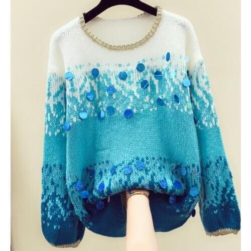 Handmade beaded sequins PATCHWORK round neck pullover sweater women 2020 autumn winter casual knitted top sweater