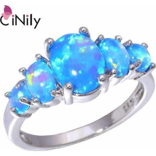CiNily Authentic .925 Sterling Silver Created Blue Fire Opal Wholesale for Women Jewelry Wedding Party Ring Size 7 8 SR003